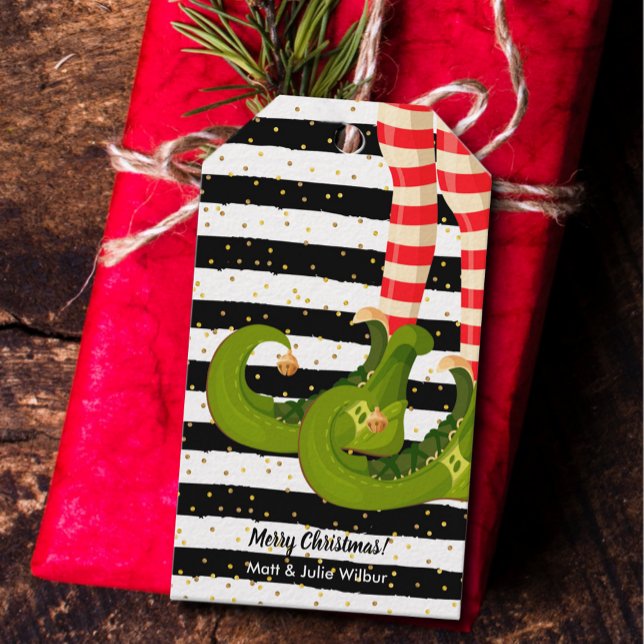 Elf Beine auf schwarzen und weißen Streifen Geschenkanhänger (Von Creator hochgeladen)