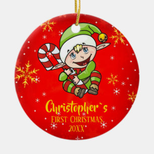 Elf Candy Cane Red Keramikornament