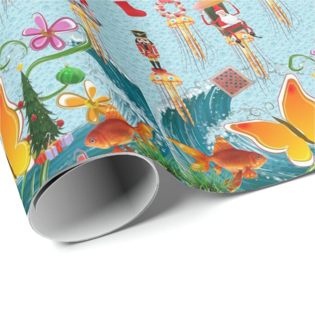 Elf Christmas Ocean Fish Santa Wrapping Papier Geschenkpapier (Rolleneckpunkt)