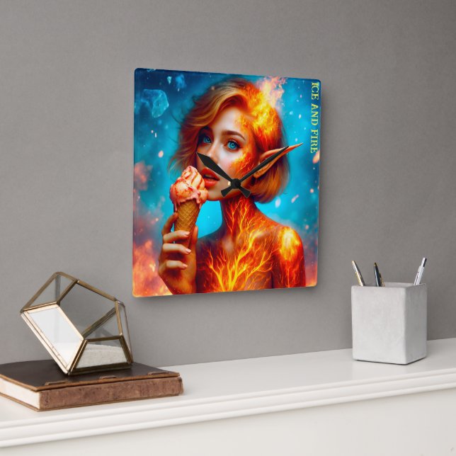 Elf Eis Thema schöne blaue Feuerwaffe Waffel Quadratische Wanduhr (Büro)