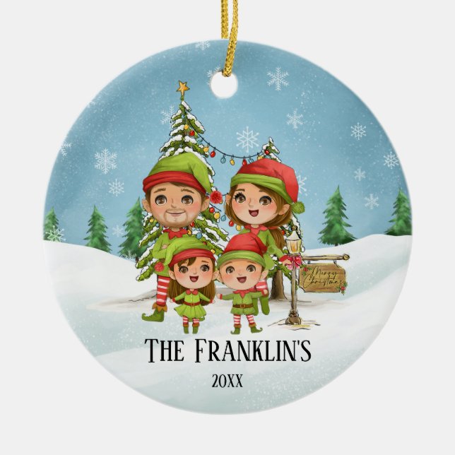 Elf Familie von 4 Mamas Vater Tochter Sohn Keramik Ornament (Vorne)
