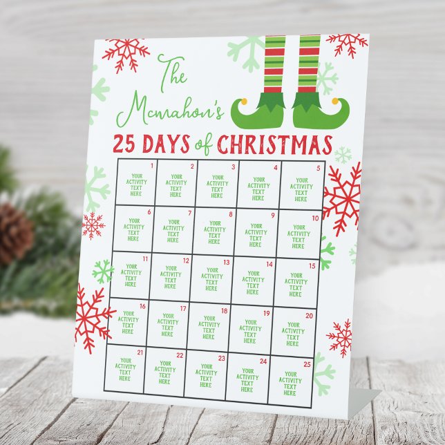 Elf Feet 25 Tage Weihnachtsaktivität Sockelschild (25 Days of Christmas Holiday Activity Pedestal Sign. Cute Elf Feet Design, Other Designs Available)