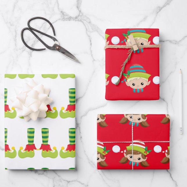 Elf Gesichter und Füße Weihnachtsjubelmuster Geschenkpapier Set (Vorderseite)