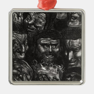 Elf groteske Gesichter Silbernes Ornament