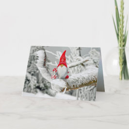 Elf in Ice Storm mit Present und Red Hat Feiertagskarte