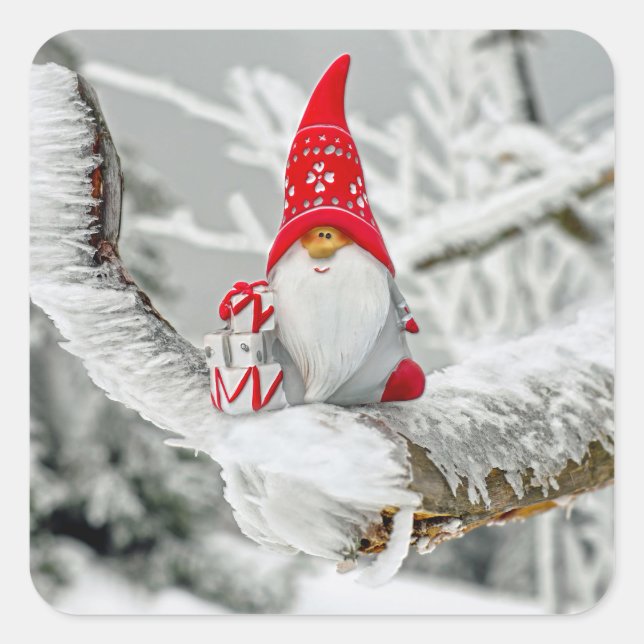 Elf in Ice Storm mit Present und Red Hat Quadratischer Aufkleber (Vorderseite)