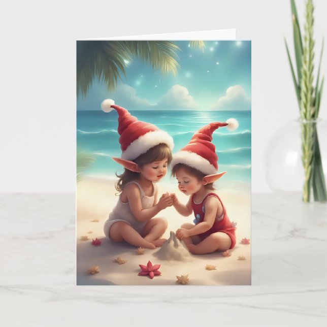 Elf Kids on Beach - Weihnachts Sandcastle Card Karte (Vorderseite)