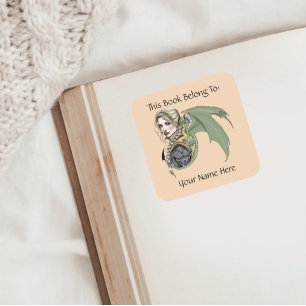Elf Krieger Drache Fantasy Magisch Exlibris Quadratischer Aufkleber