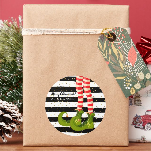 Elf Legs auf Schwarz-weißen Streifen Runder Aufkleber (Feiertag)