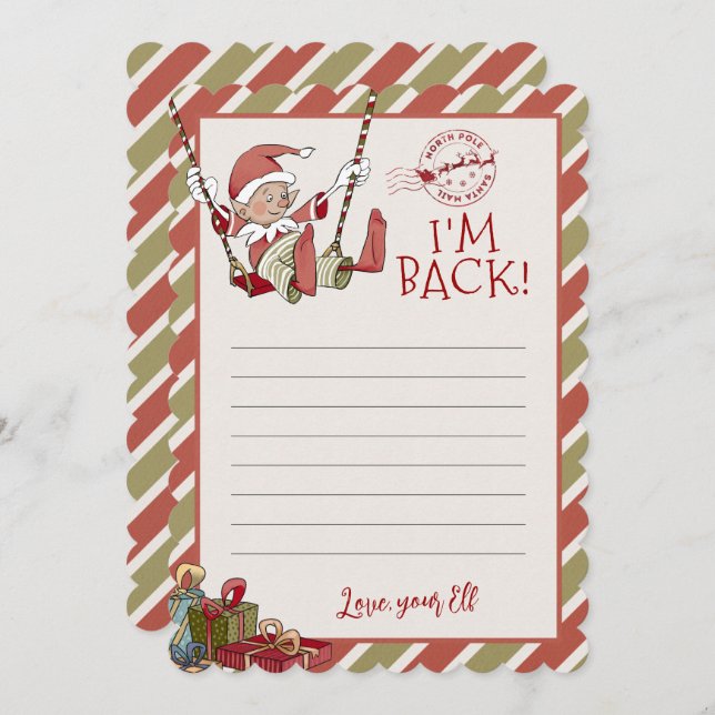 Elf Letter "I m Back" Editable Notecard Einladung (Vorne/Hinten)
