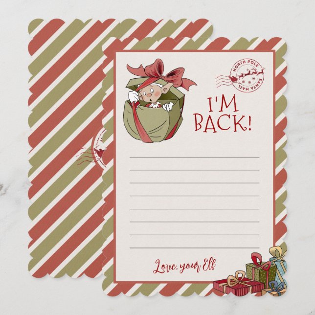 Elf Letter "I m Back" Editable Notecards Einladung (Vorne/Hinten)