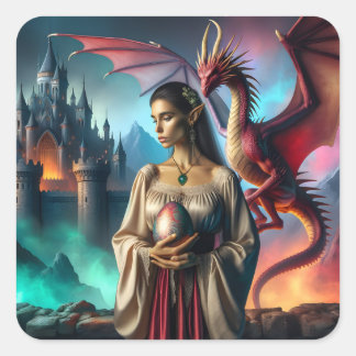Elf mit Drachenei Quadratischer Aufkleber
