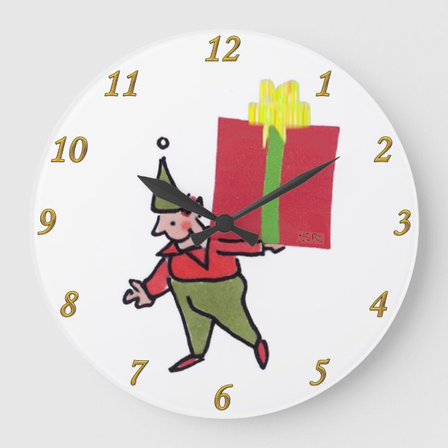 Elf mit einer Wanduhr mit roter Box (Vorderseite)