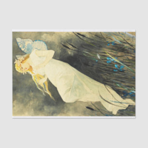 Elf mit Iris-Blume von Alphonse Mucha Seidenpapier