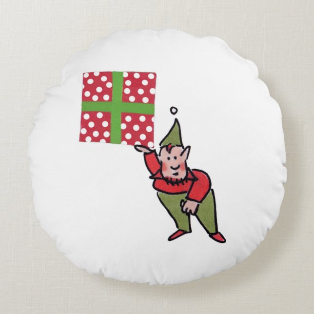 Elf mit Polka Dot Geschenk rund grünes Poly Kissen (Vorderseite)