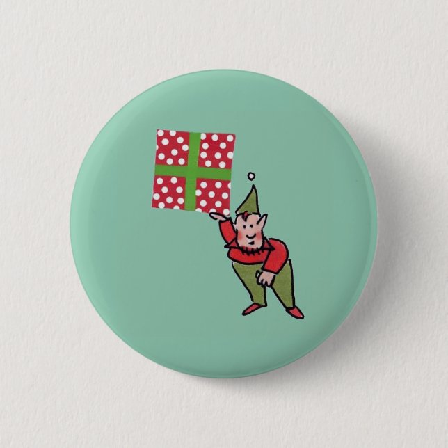 Elf mit Polka Dot Gift grünen Knopf Button (Vorderseite)