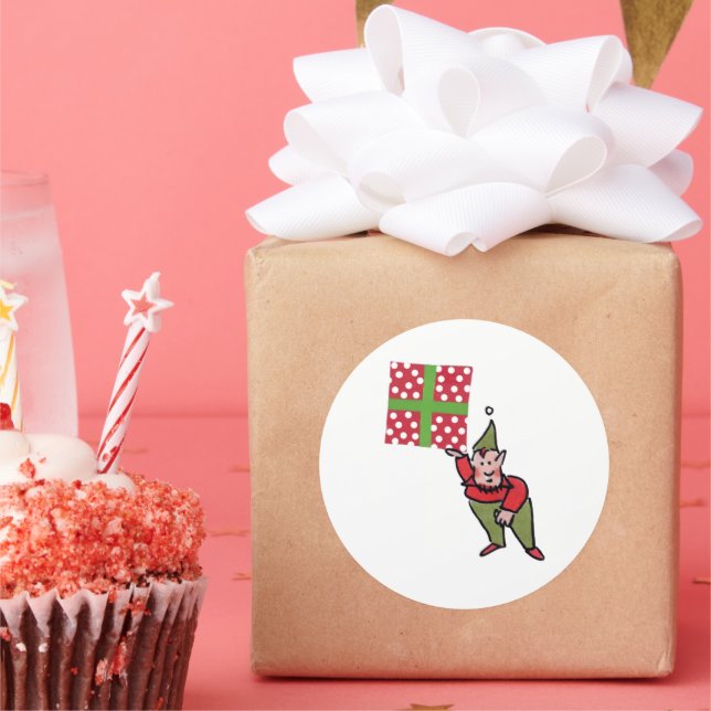 Elf mit punktgeschenk weiße runde große Aufkleber (Party)
