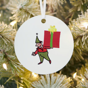 Elf mit roter Box rundes Metall-Ornament Ornament Aus Metall