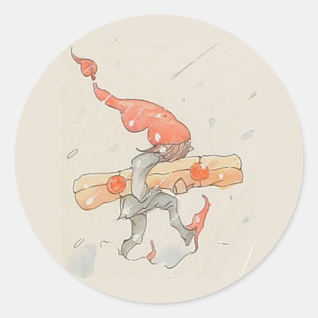 Elf mit Weihnachtsgeschenk, alte Illustration Runder Aufkleber (Vorderseite)