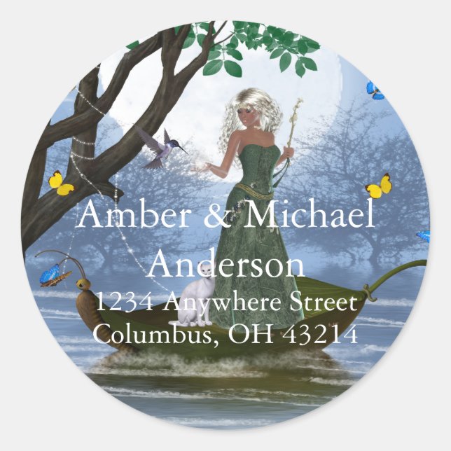 Elf mit White Cat Fantasy-Rücksendeadressen-Aufkle Runder Aufkleber (Vorderseite)