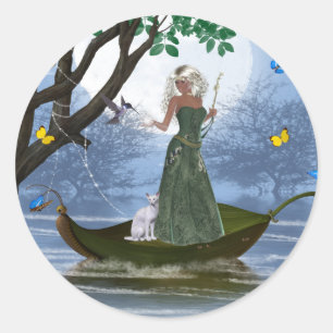 Elf mit White Cat Riding auf einem Leaf Stickers