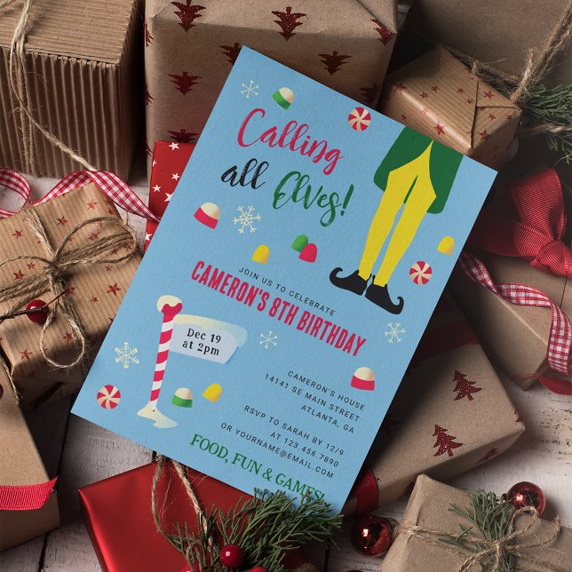 Elf Movie Kids Winter Geburtstag - Blau Einladung (Invitation with presents)