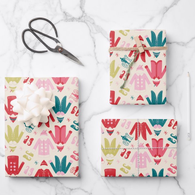 Elf-Muster für farbenfrohe Mäntel und Schuhe Geschenkpapier Set (Vorderseite)