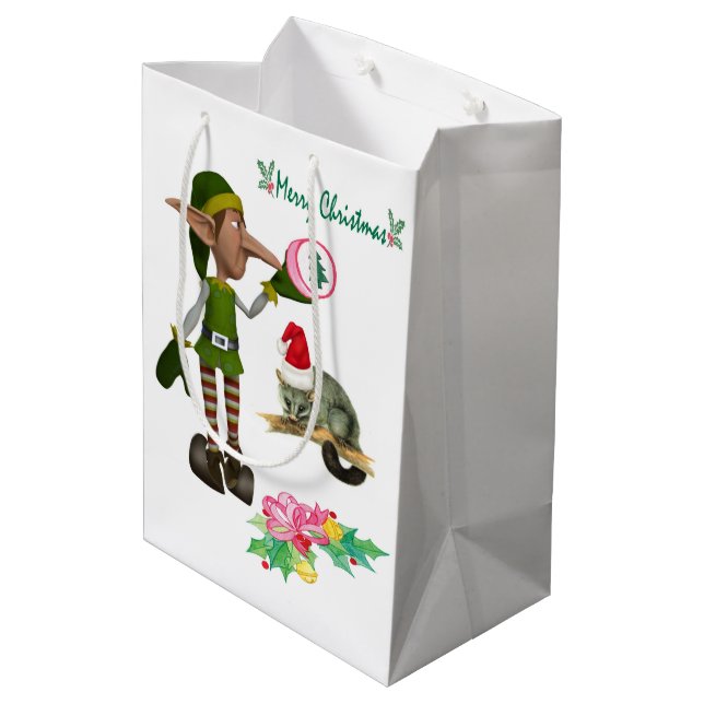 Elf Possum Frohe Weihnachtsgeschenktaschen Mittlere Geschenktüte (Rückseite Schrägansicht)
