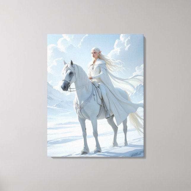 Elf Queen Riding a Majestic White Horse Leinwanddruck (Vorderseite)