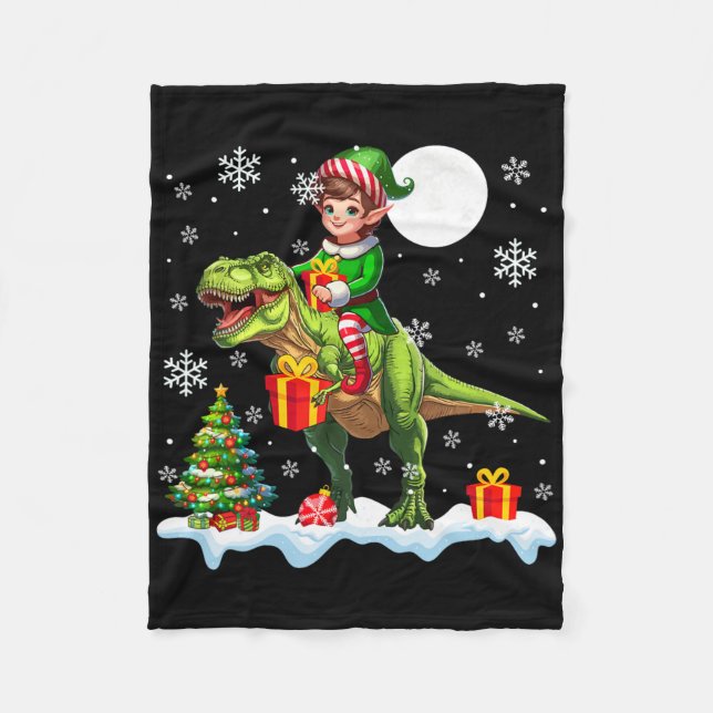 Elf Reitet T-Rex Weihnachtsbaum Bunte Lichter Lo Fleecedecke (Vorderseite)