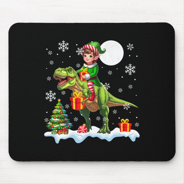 Elf Reitet T-Rex Weihnachtsbaum Bunte Lichter Lo Mousepad (Vorne)