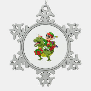 ELF Riding Dinosaur T Rex Boys Männer Frohe Weihna Schneeflocken Zinn-Ornament