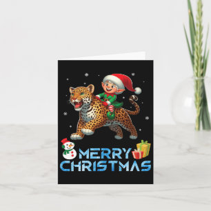 Elf Riding Leopard Snowman Präsentieren Frohe Weih Karte