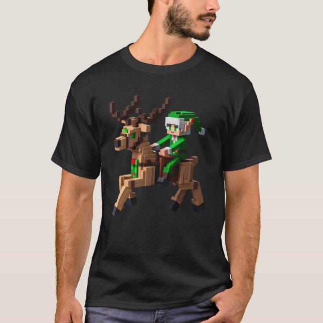 Elf Riding Reindeer Design Block Style Character P T-Shirt (Vorderseite)