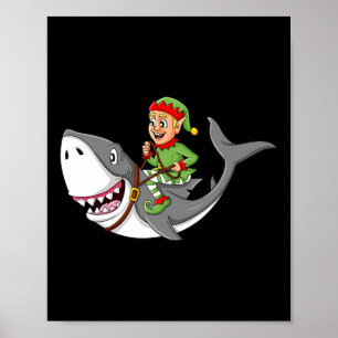 Elf Riding Shark Christmas Boys Girls Kinder Weihn Poster