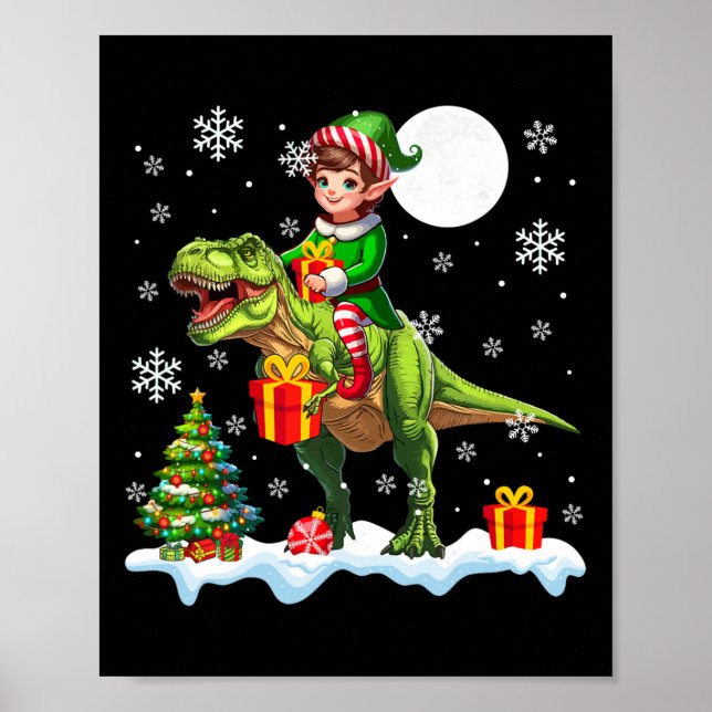 Elf Riding T-rex Weihnachtsbaum Farbenfrohe Lichte Poster (Vorne)