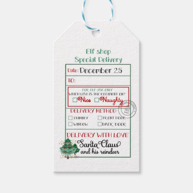 Elf Shop Spezial Liefertreppen Nizza oder Naughty Geschenkanhänger (Vorderseite)