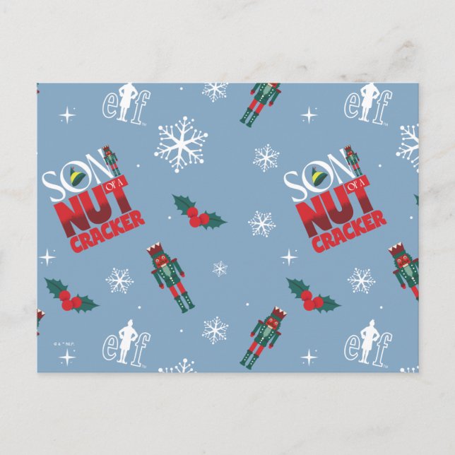 Elf "Sohn eines Nutcrackers" Wintermuster Feiertagspostkarte (Vorderseite)