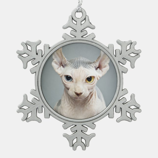 Elf-Sphinx-Katzen-Fotografie Schneeflocken Zinn-Ornament (Vorderseite)