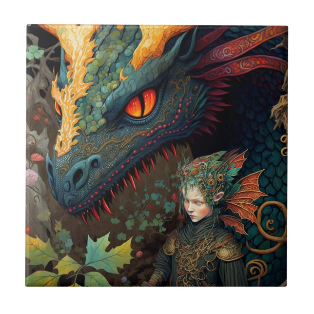 Elf und Dragon Fantasy Art Fliese (Vorderseite)
