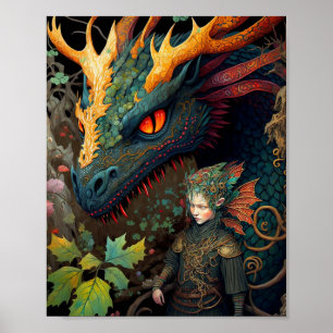 Elf und Dragon Fantasy Art Poster
