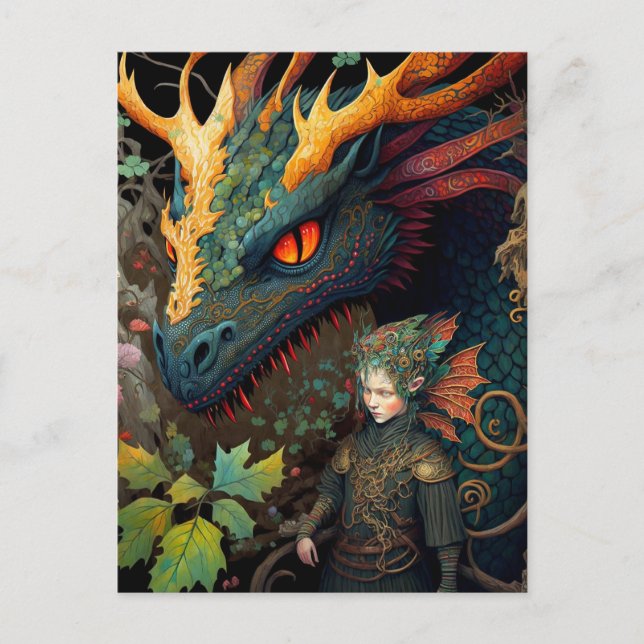 Elf und Dragon Fantasy Art Postkarte (Vorderseite)