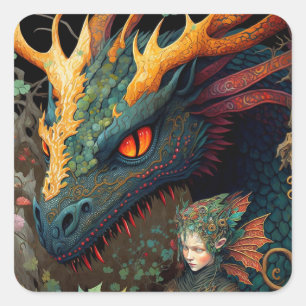 Elf und Dragon Fantasy Art Quadratischer Aufkleber
