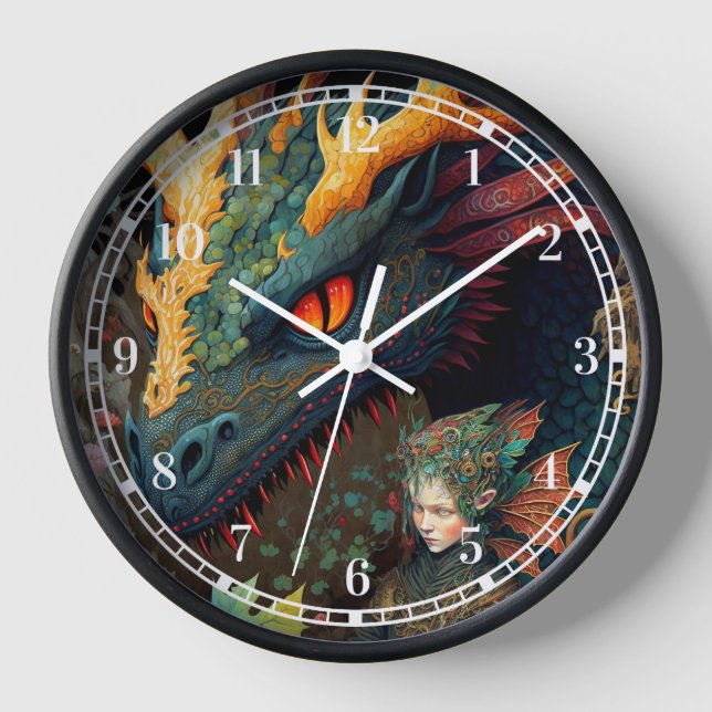 Elf und Dragon Fantasy Art Uhr (Vorderseite)
