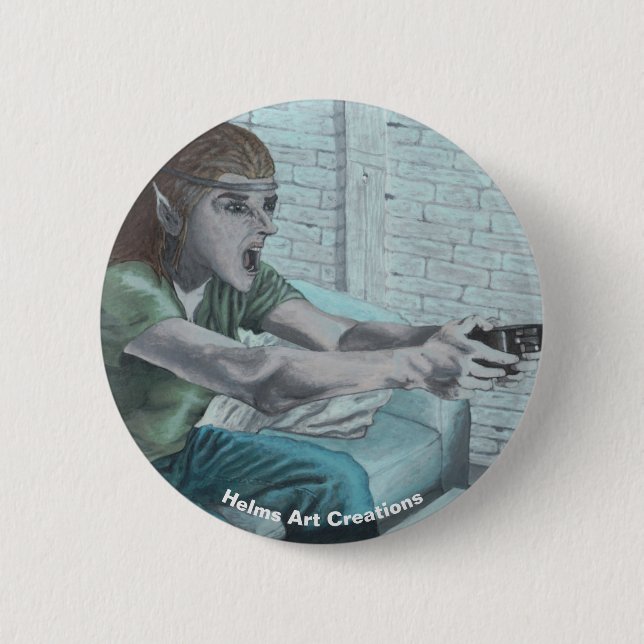 Elf Video Gamer Playing Fantasy Art Button (Vorderseite)