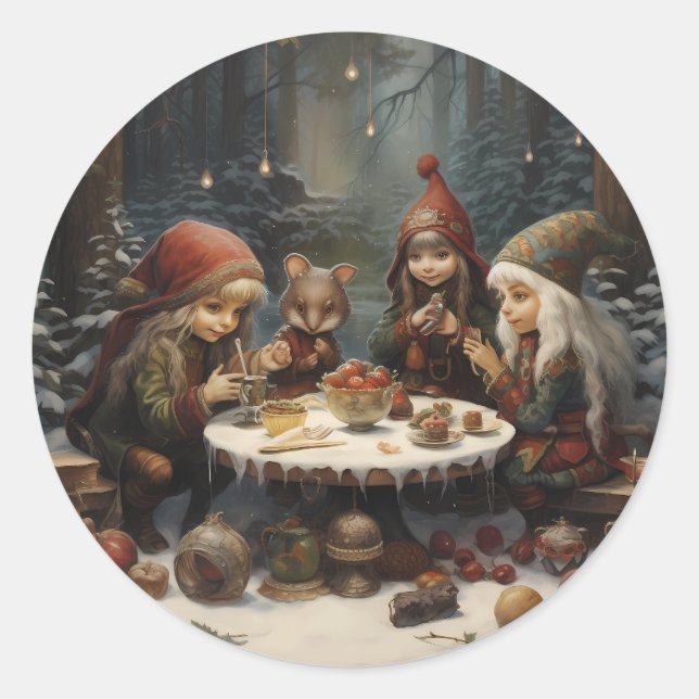 Elf Winter Tea Party in den Wald Weihnachtselfen Runder Aufkleber (Vorderseite)
