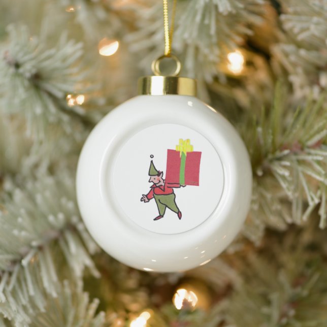 Elf With Red Box ceramic Christmas ball ornament (Baum)