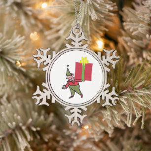 Elfe mit roter Box Zinnschneeklocken-Ornament Schneeflocken Zinn-Ornament