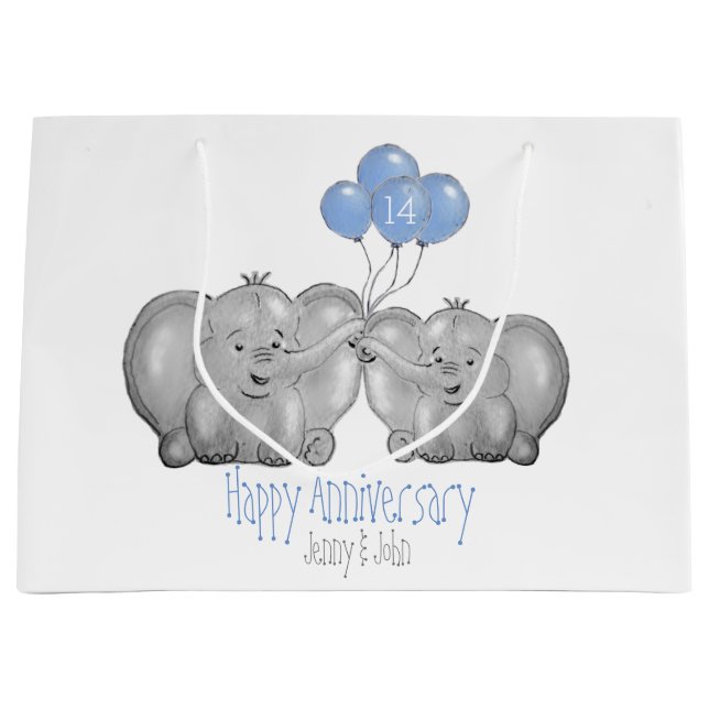 Elfenbein 14. Hochzeitstag Elefantenpaar Große Geschenktüte (Vorderseite)