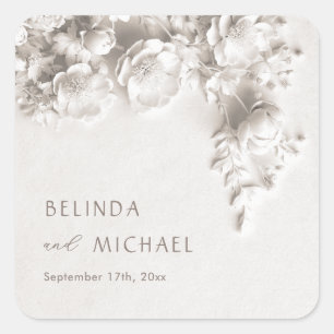 Elfenbein 3D Blumen Rosen Minimalistische Hochzeit Quadratischer Aufkleber